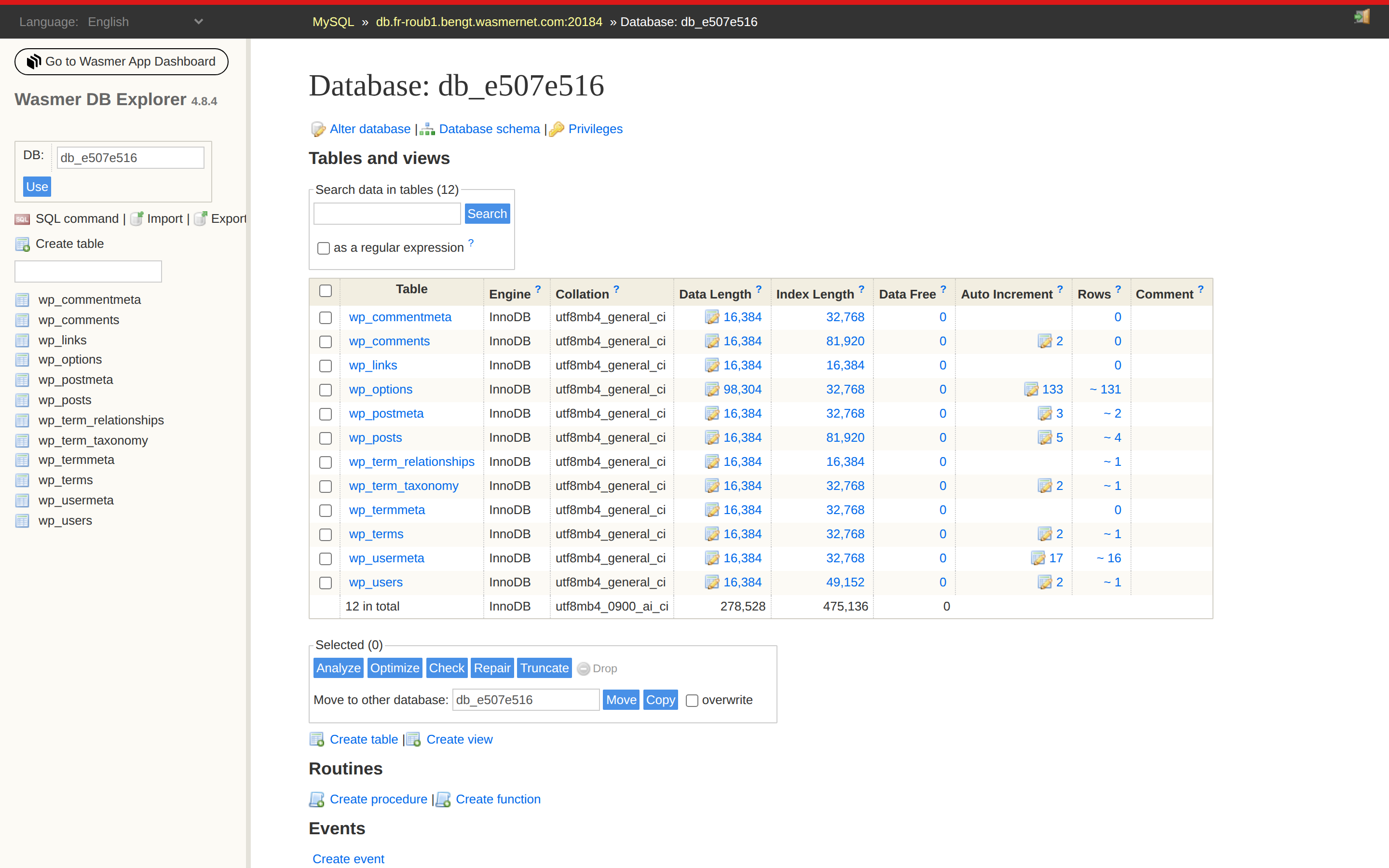 Adminer database explorer showing WordPress tables