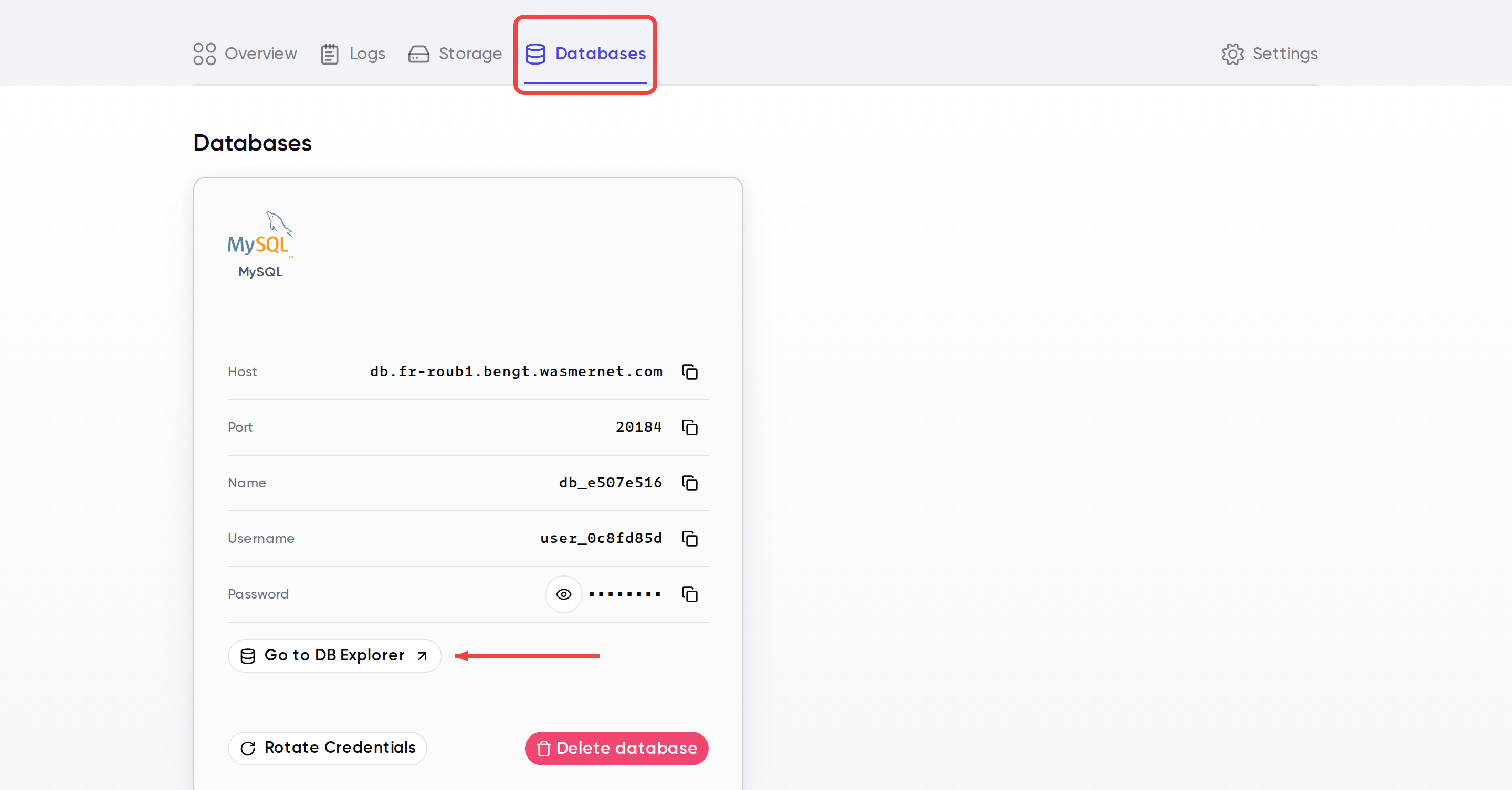 Database card in the Wasmer dashboard with the DB Explorer button