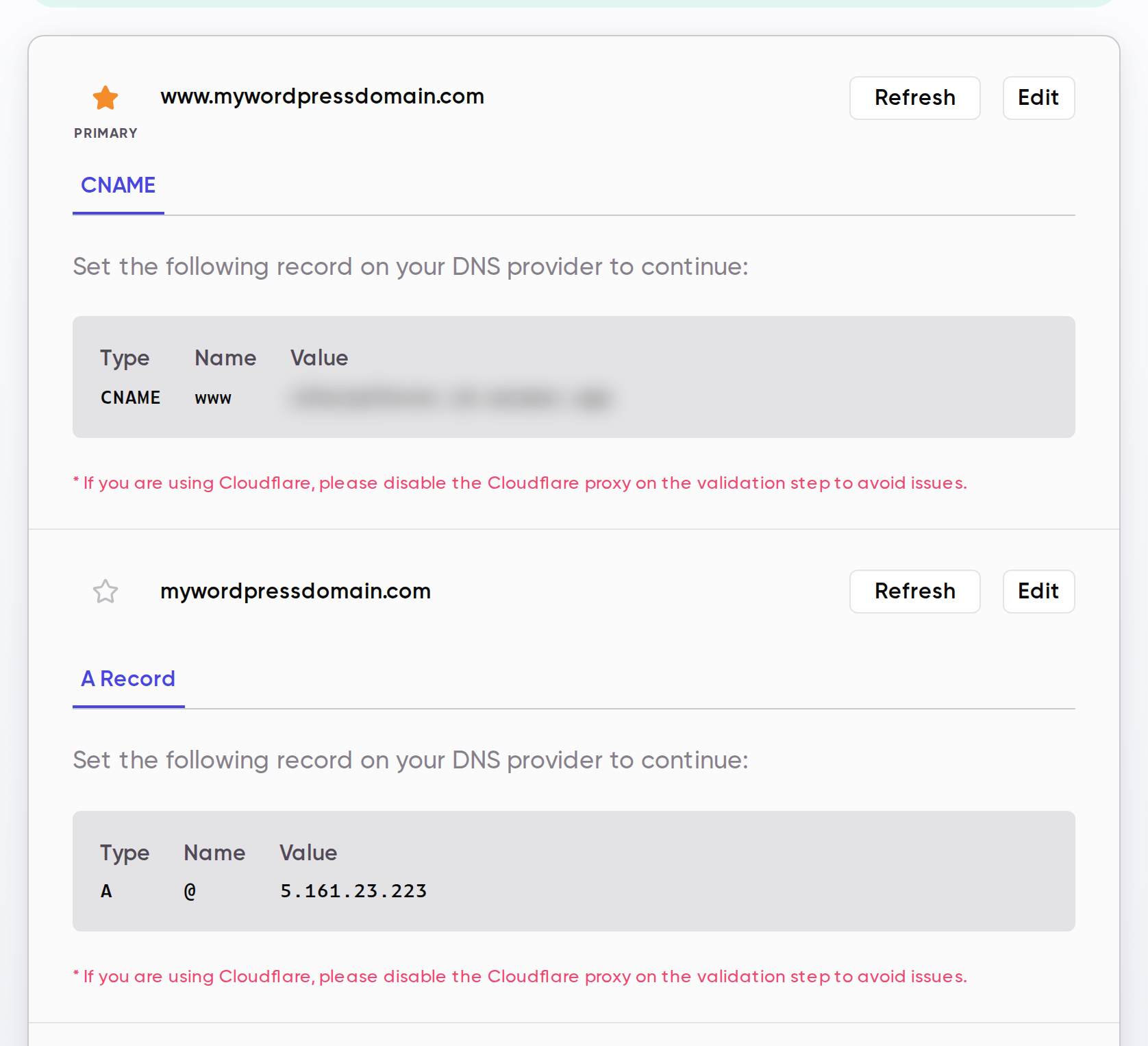 DNS instructions showing the root A record and www CNAME record