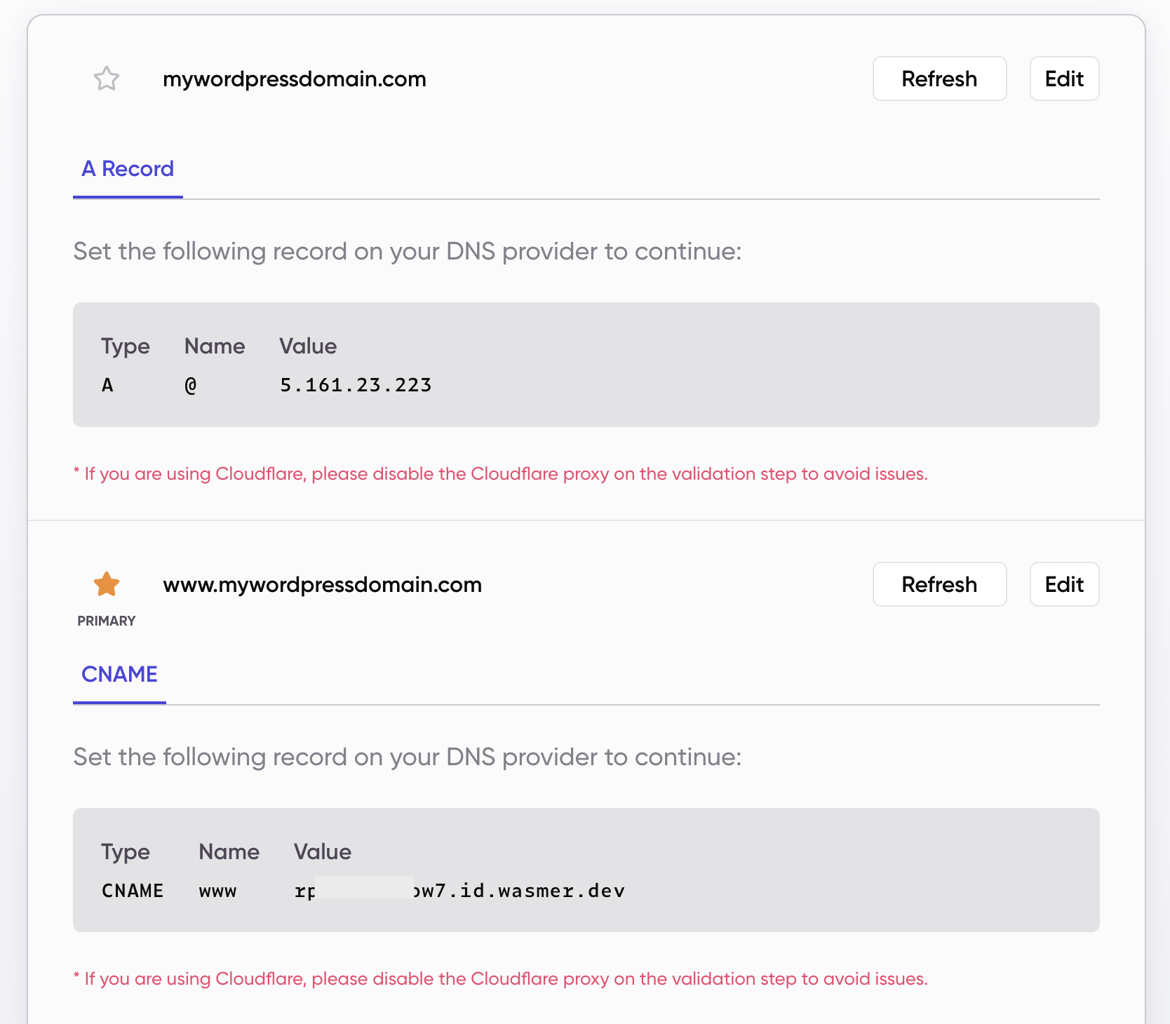 DNS instructions showing the root A record and www CNAME record