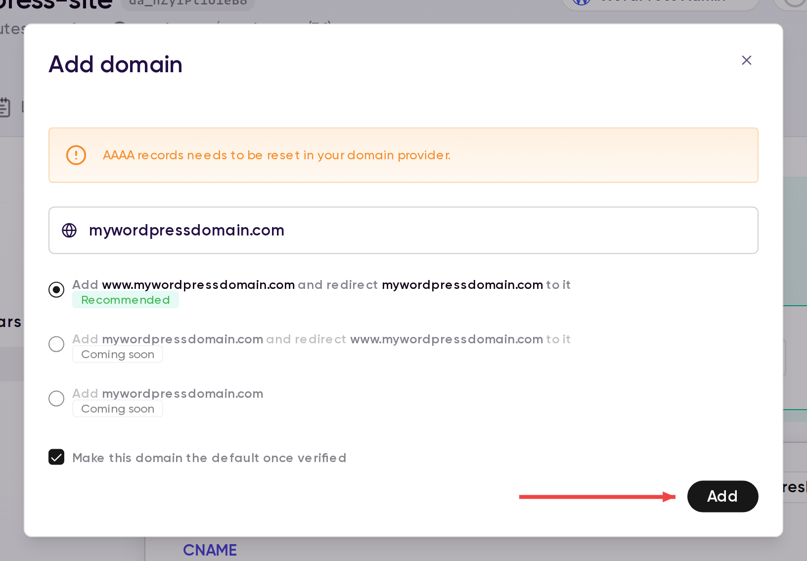 Add domain modal with the recommended www domain option selected