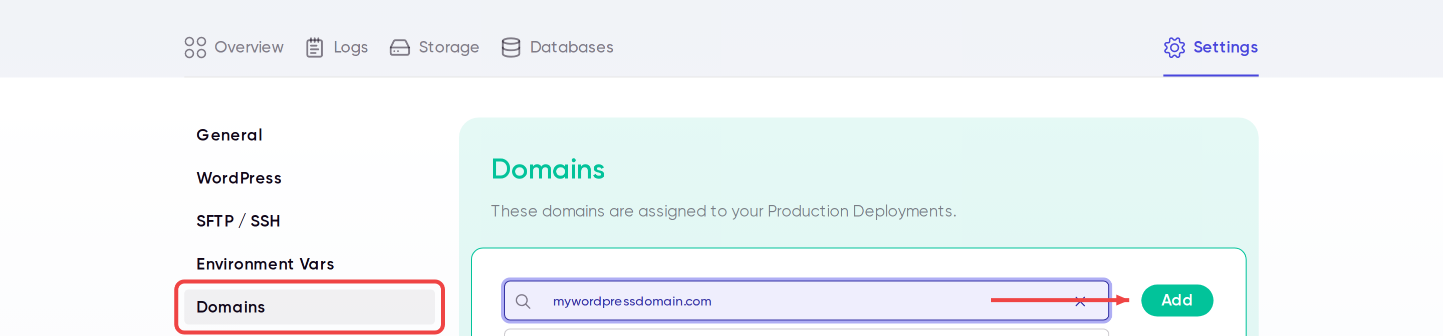 Domain settings page with a custom domain being added
