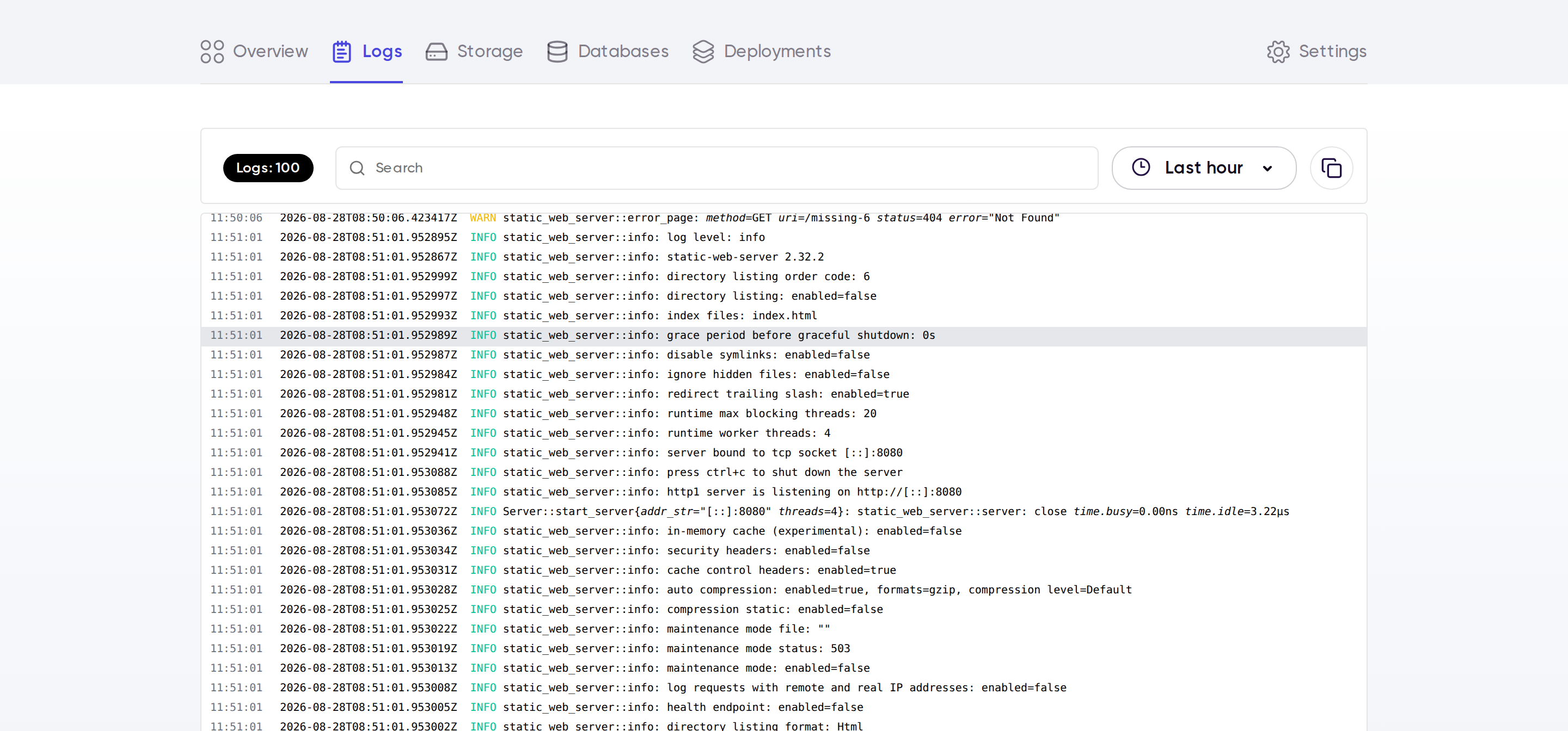 app logs in the Wasmer Dashboard