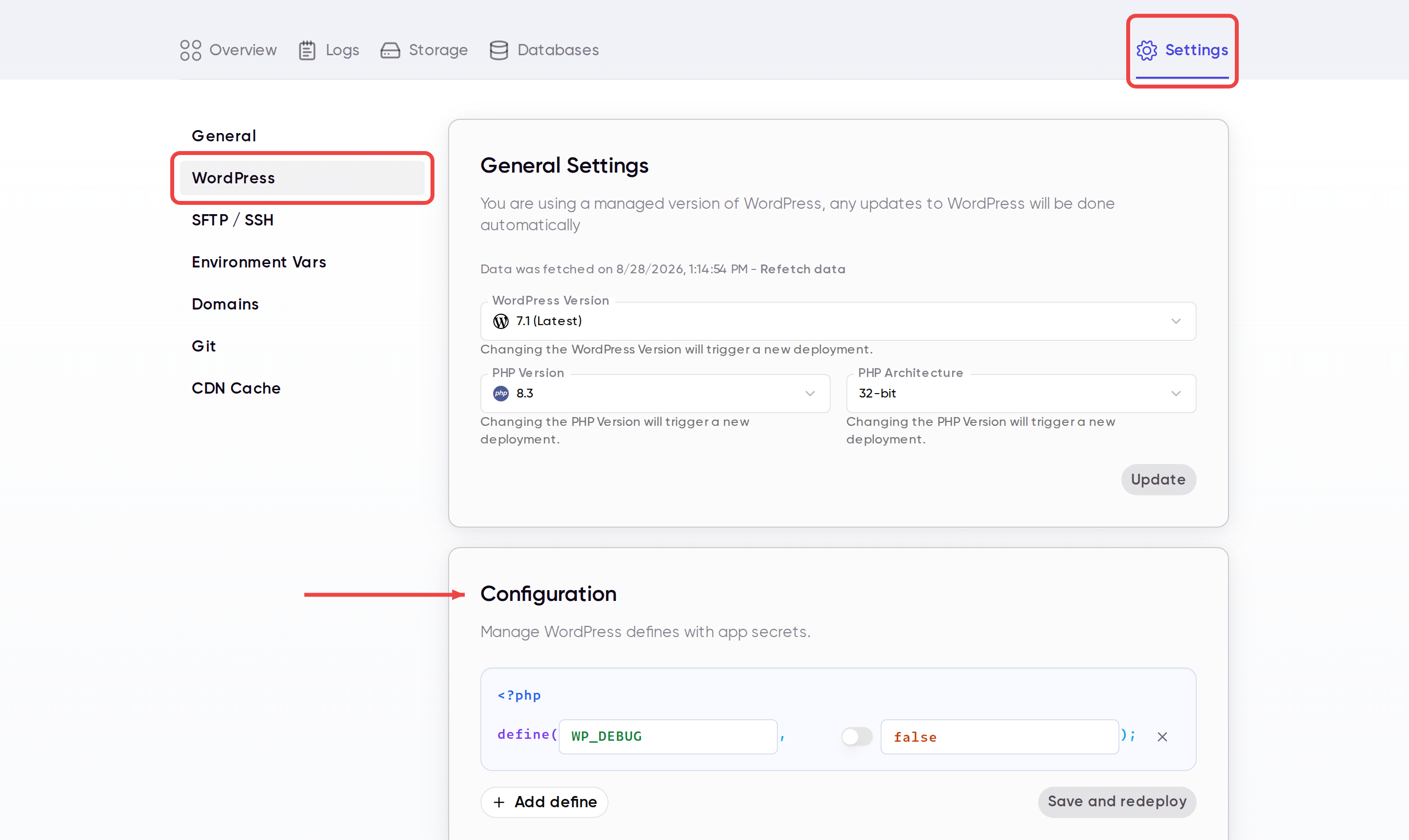 WordPress settings screen with configuration defines