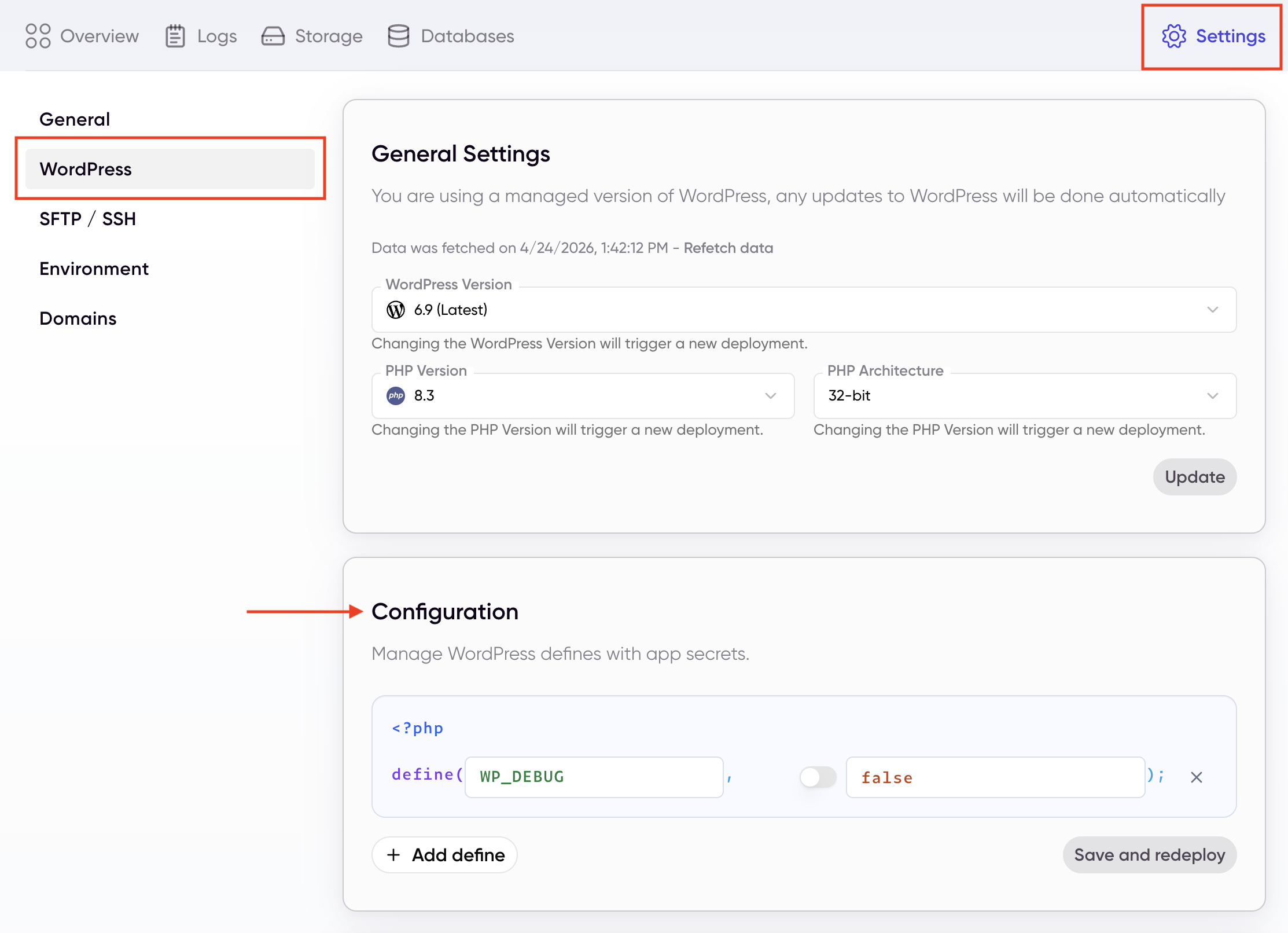 WordPress settings screen with configuration defines