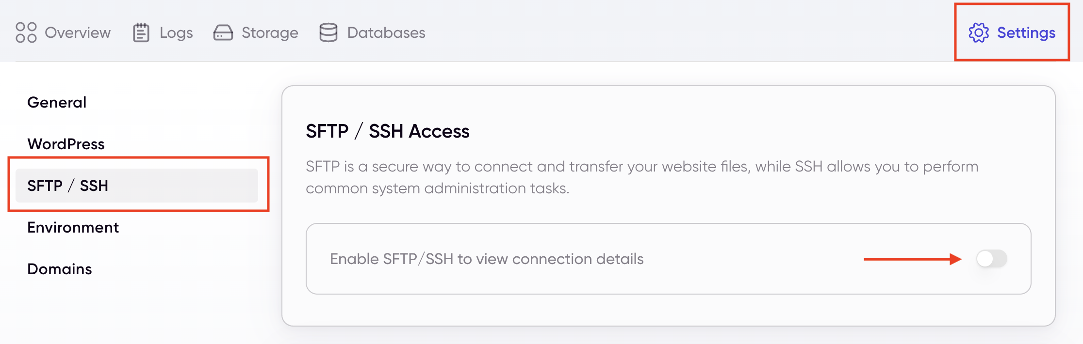 SFTP and SSH settings with the enable toggle