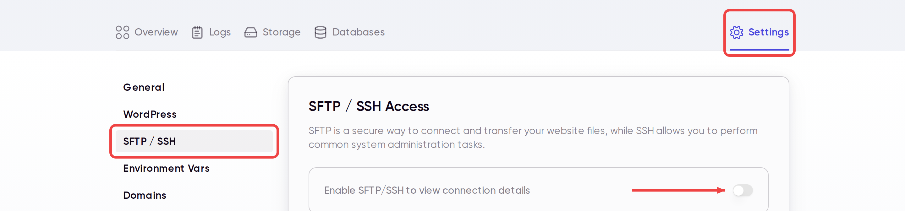 SFTP and SSH settings with the enable toggle
