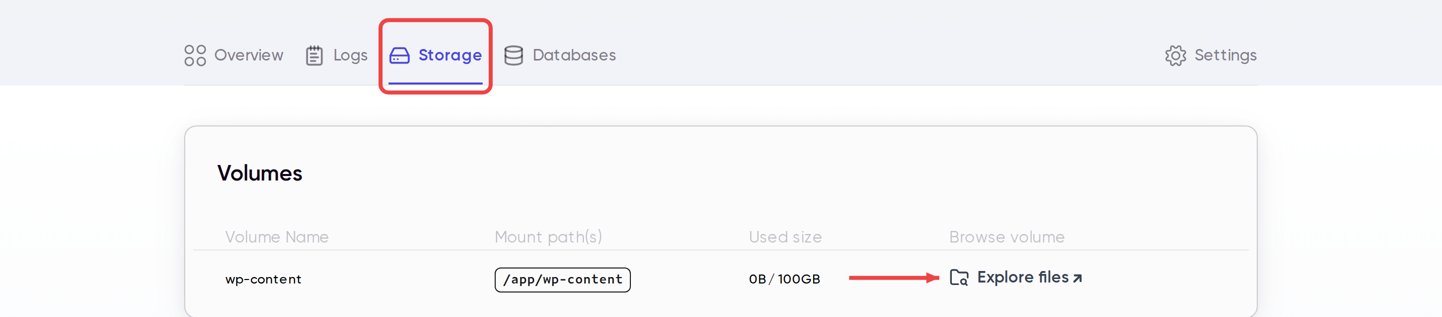 Storage tab showing the wp-content volume