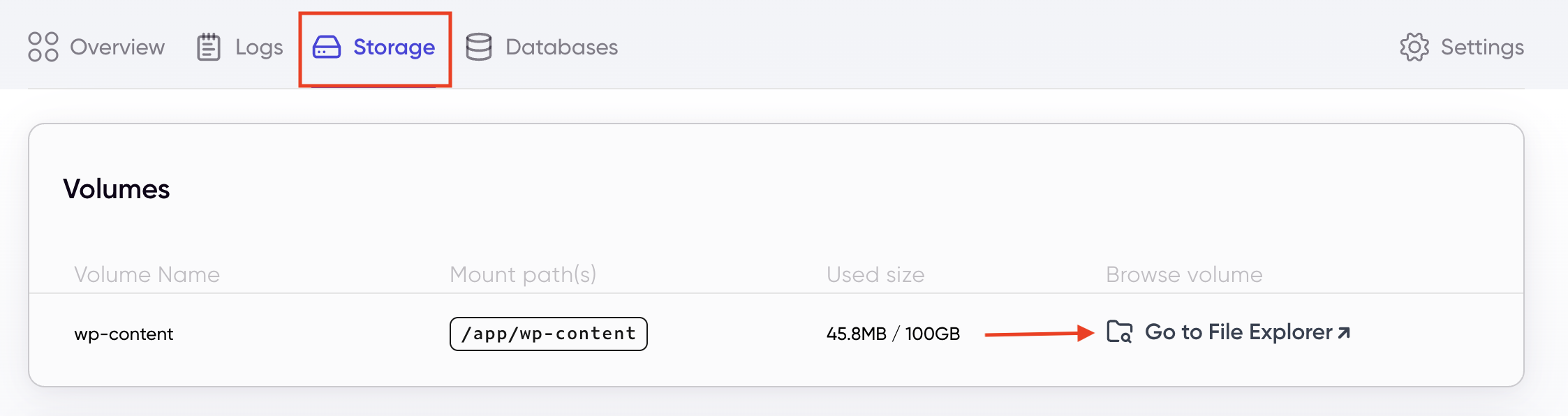 Storage tab showing the wp-content volume