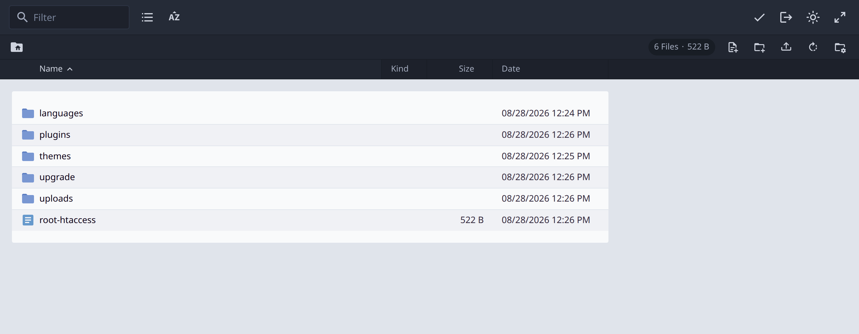 Volume file explorer showing the wp-content directory